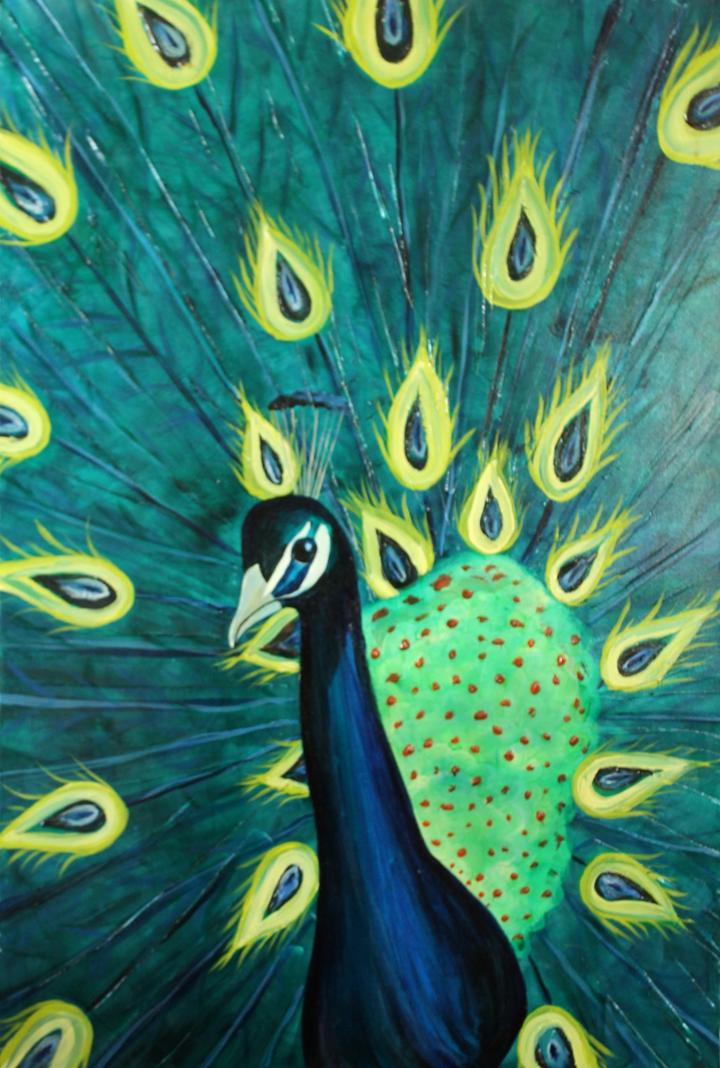 Close-up of a peacock with vibrant blue and green feathers.
