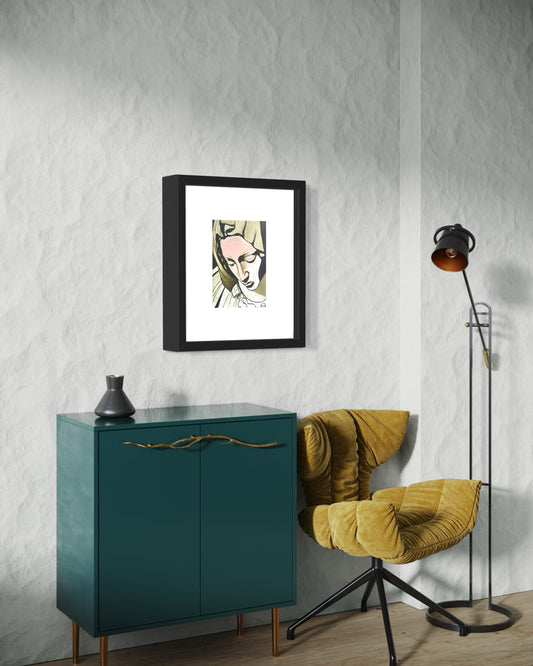Modern interior with teal cabinet, yellow chair, and framed artwork on a textured wall.