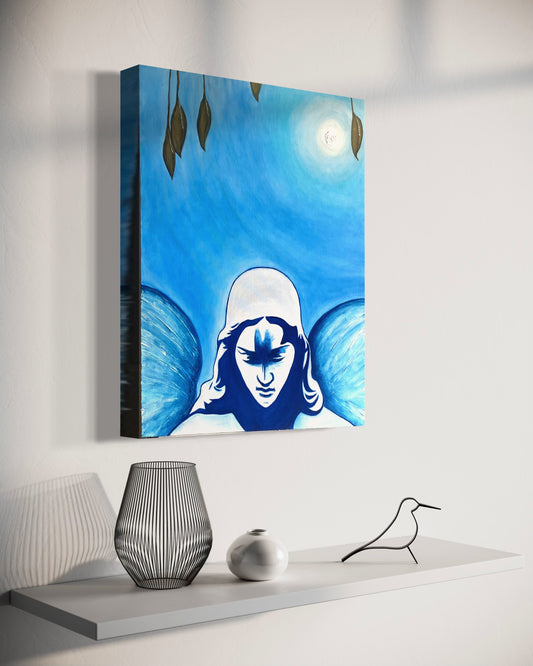 Canvas print of a stylized angel with blue wings on a white wall above a shelf.