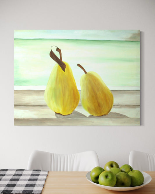Painting of two yellow pears on a wooden surface with a bowl of green apples below.