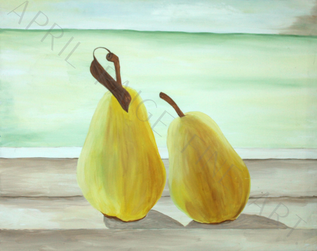 Two yellow pears on a wooden surface with a light green background