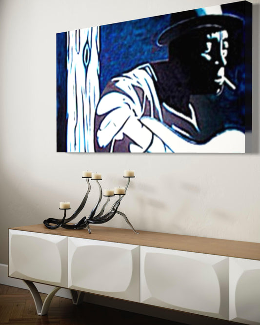 Abstract painting of a person in a hat on a wall above a modern console table.