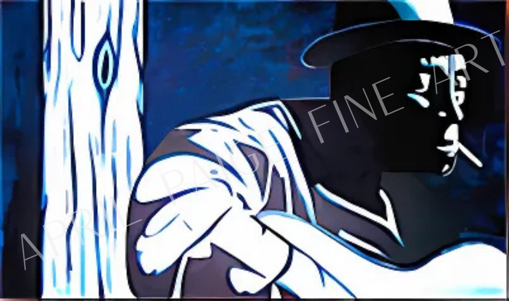 Artistic depiction of a figure with a hat and white gloves against a blue and black background, featuring the word 'FINE' and 'ART'.