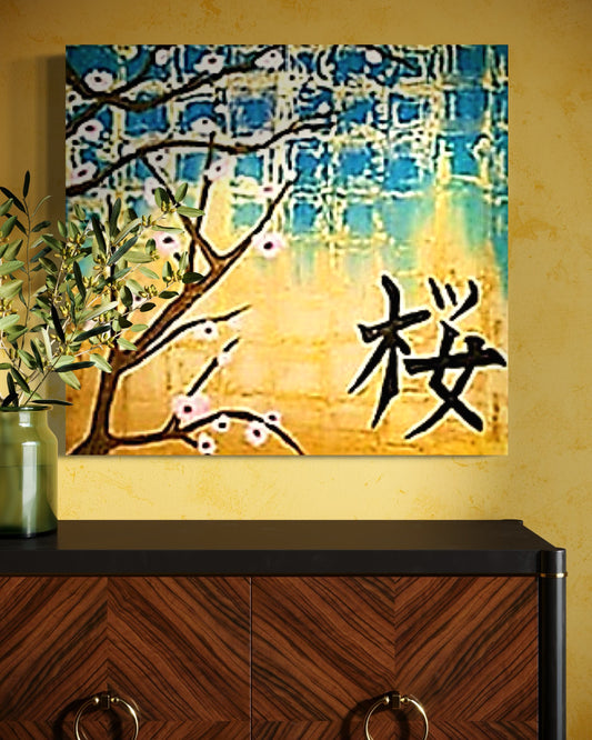 Abstract painting with tree branches and cherry blossoms on a yellow background, featuring a black calligraphic character.