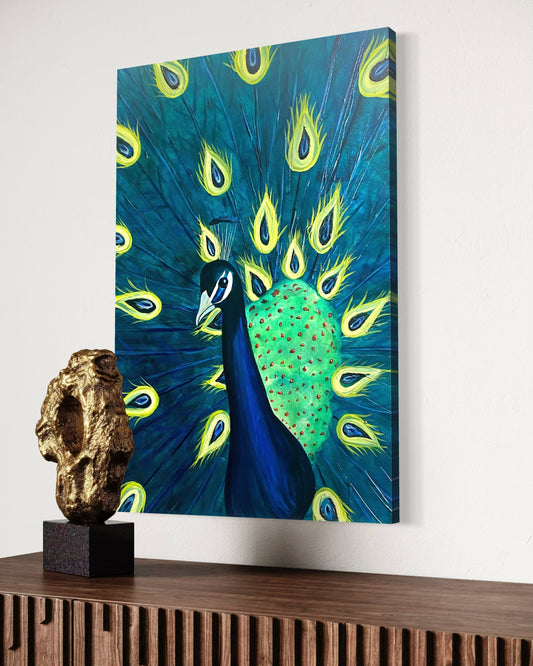 Canvas print of a peacock on a wall above a wooden cabinet with a decorative piece.