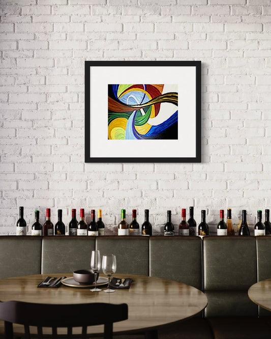 Framed abstract painting on a white brick wall above a row of wine bottles in a dining setting.