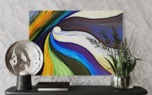 Abstract painting on a wall with decorative elements below