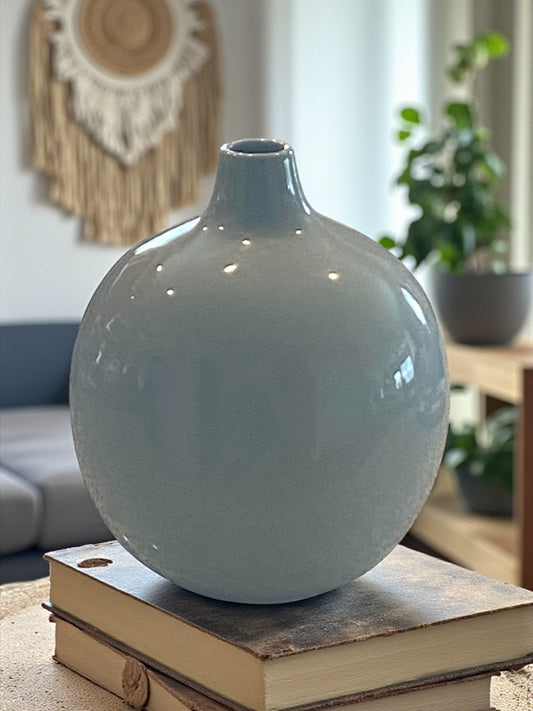 Blue ceramic vase on a stack of books in a living room setting