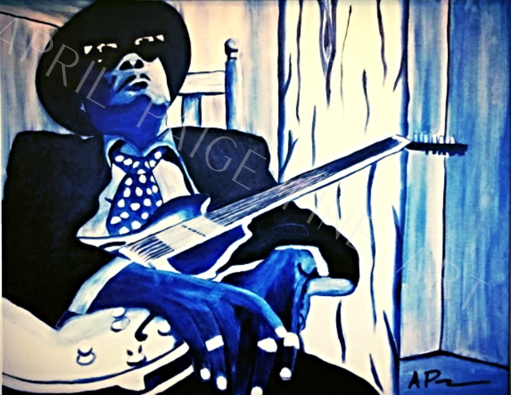 Artistic depiction of a person playing guitar with a stylized blue and black color scheme.