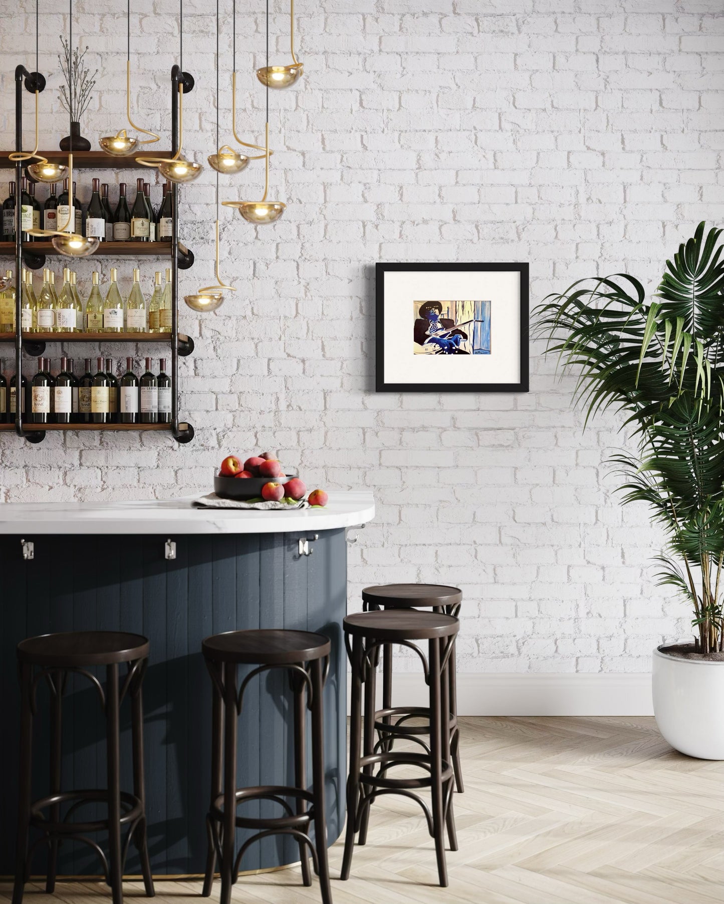 Modern bar area with white brick wall, black island, and framed picture.