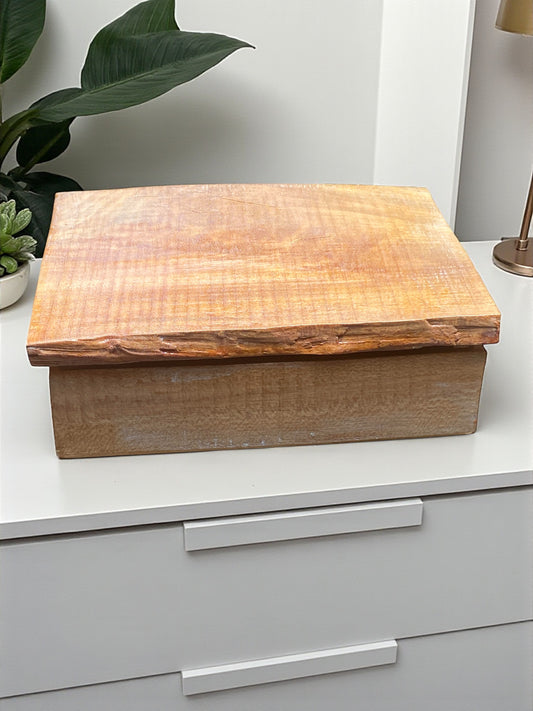 Wooden box with a lid on a white surface next to a plant