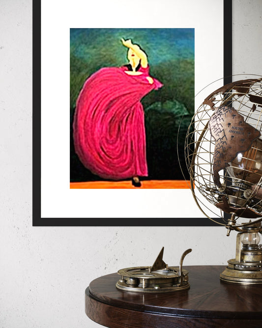 Framed abstract painting of a figure in a pink dress on a white wall with decorative items below.