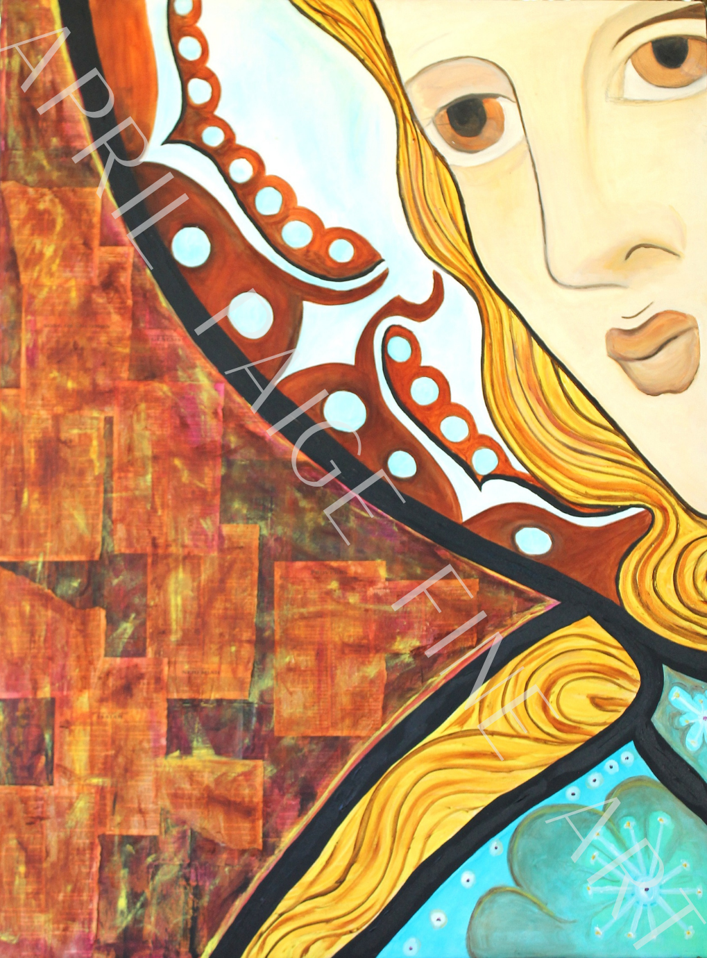 Artistic depiction of a face with long hair and a decorative object, possibly a weapon, with abstract patterns.