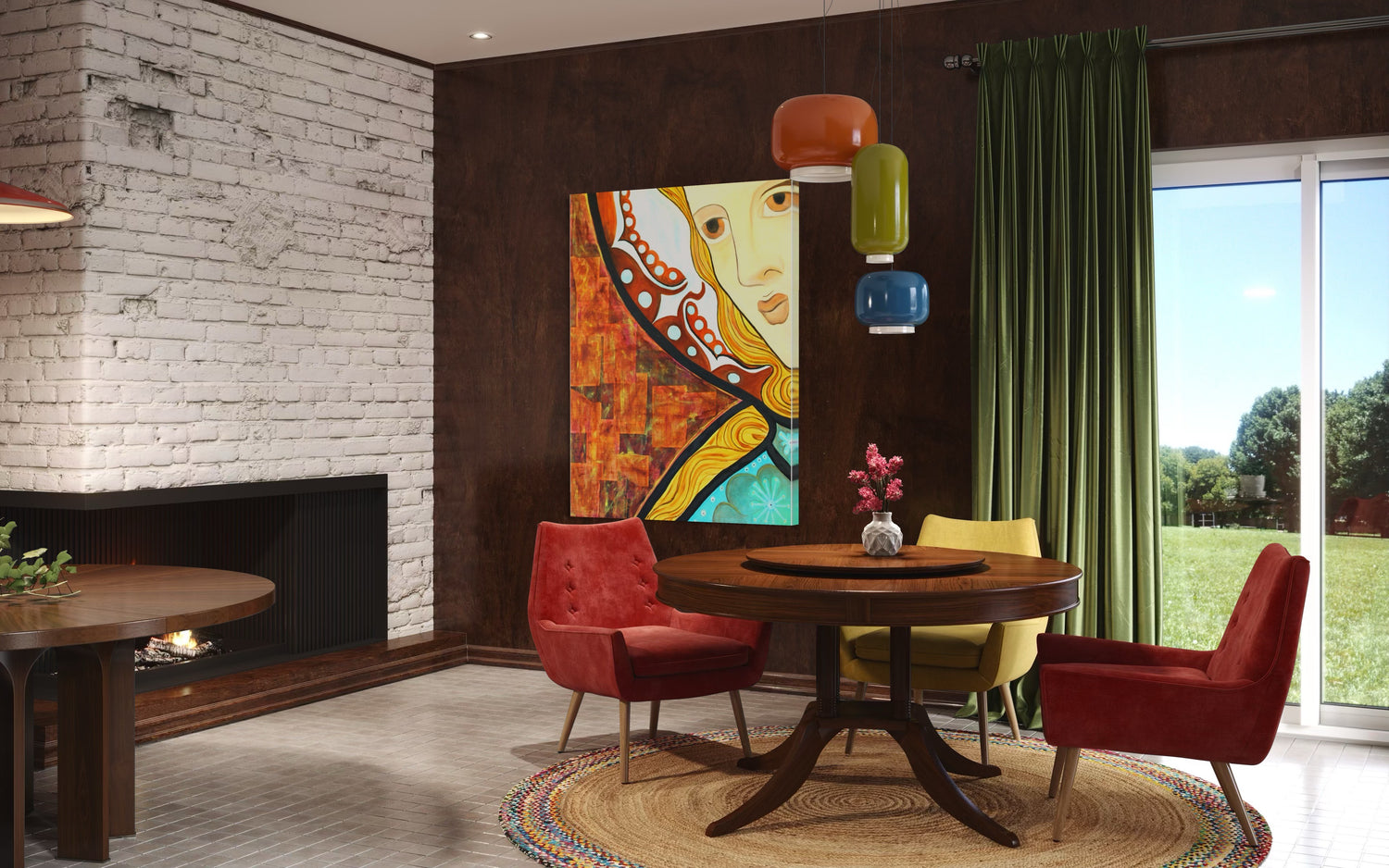 Modern living room with colorful artwork, red chairs, and a large window.