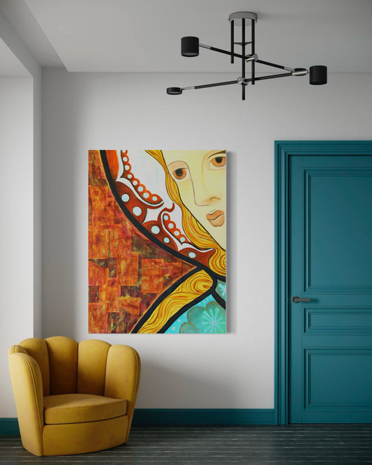 Colorful abstract painting on a wall above a yellow armchair in a room with a teal door.