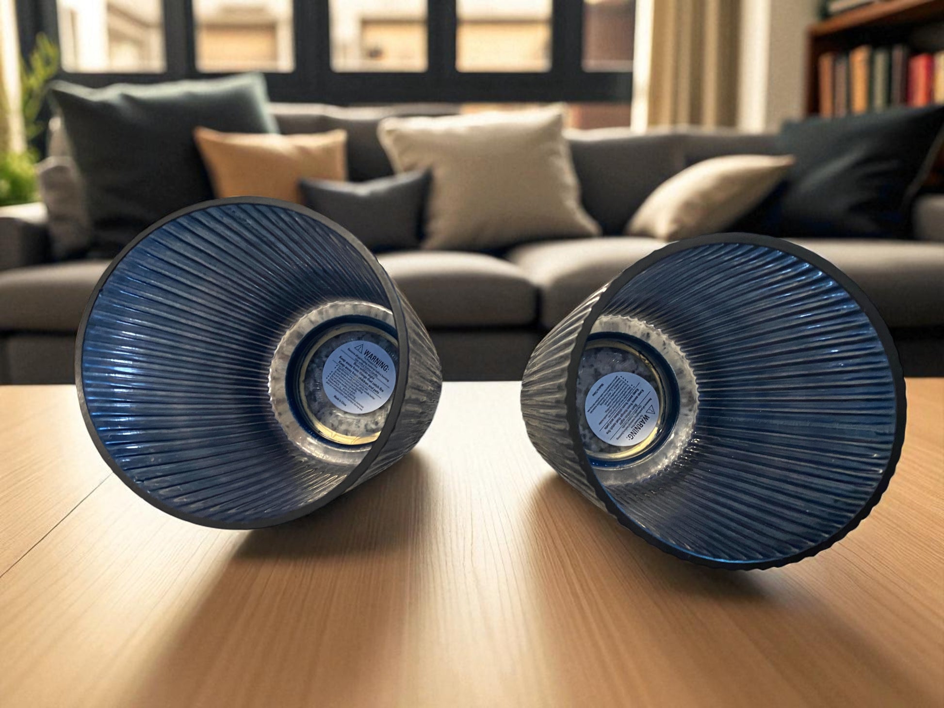 Two blue cylindrical objects on a wooden surface with a living room in the background
