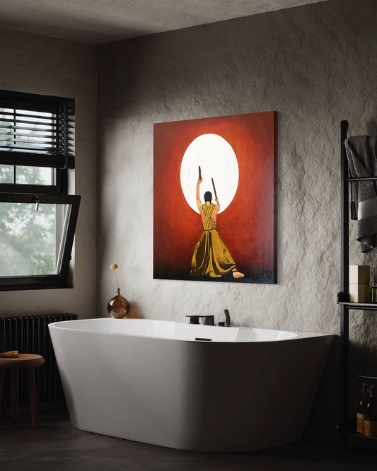 Bathroom with a large abstract painting of a person in a yellow dress against a red background.