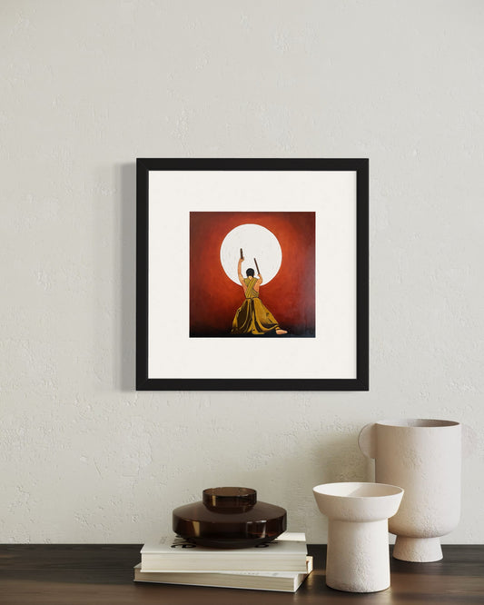 Framed artwork of a person in a yellow dress against a red background, displayed on a wall with decorative items below.