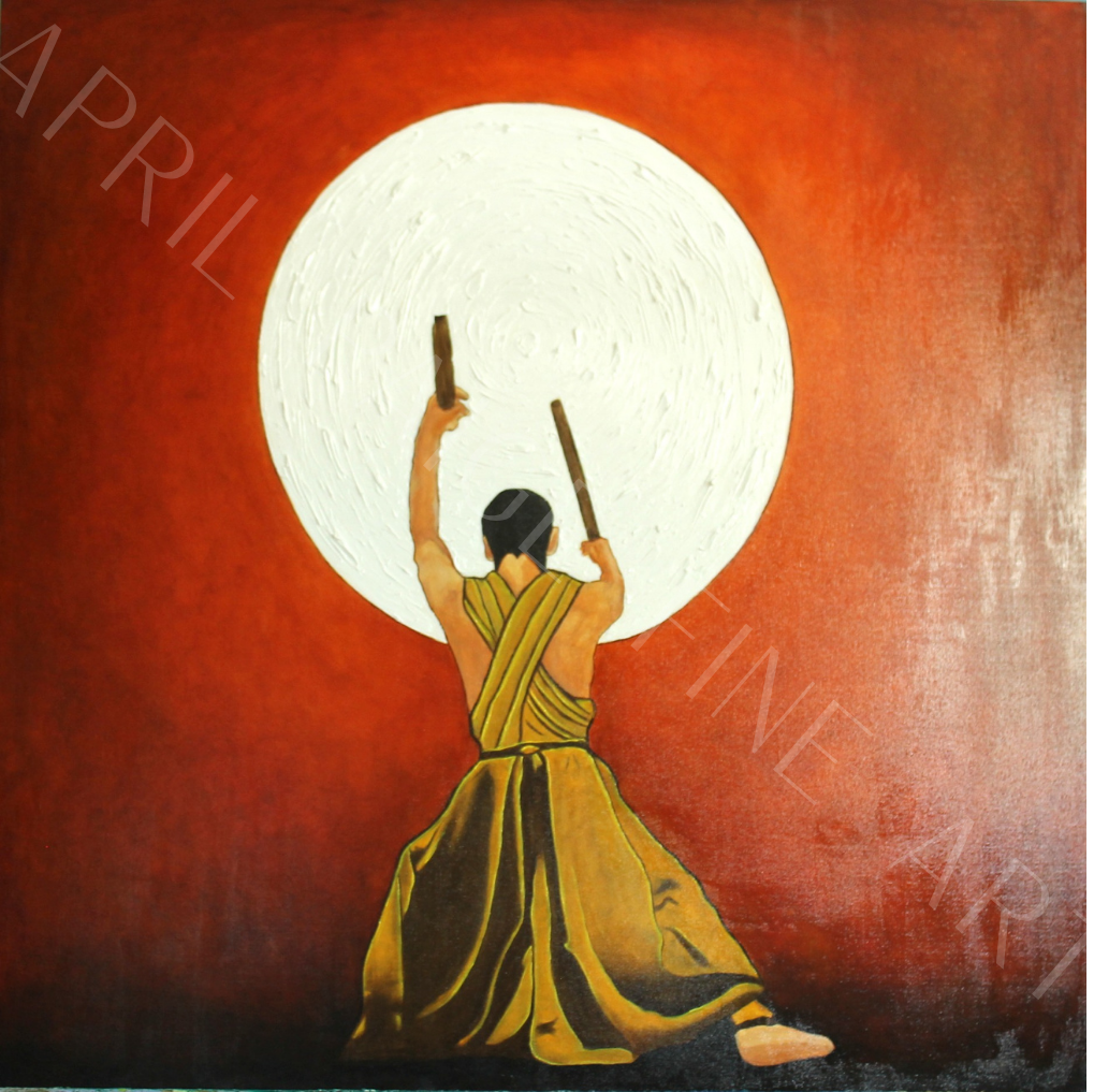 Close up abstract painting of a person in a yellow dress against a red background.