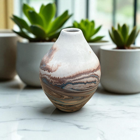 Marbled ceramic vase on a marble surface with plants in the background
