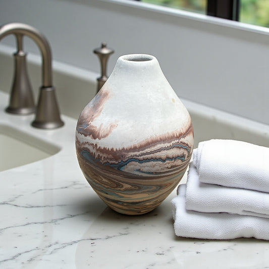 Marble-patterned vase on a bathroom counter with towels and sink in the background