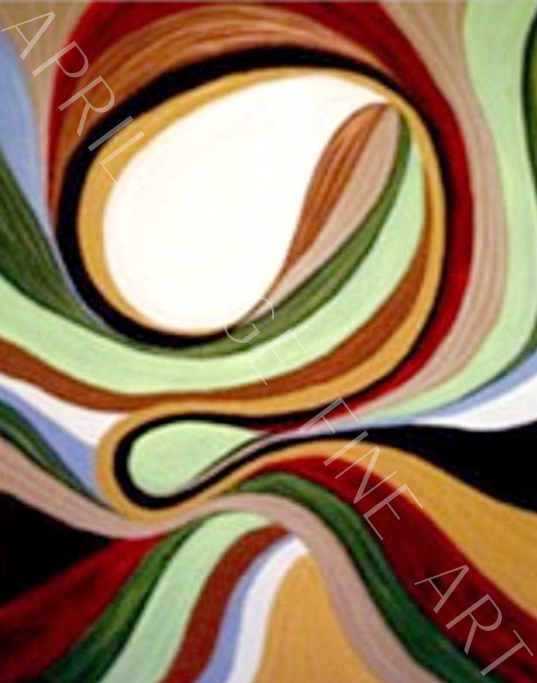 Abstract artwork with swirling colors and a central light circle, featuring the artist's name 'APRIL' at the top.