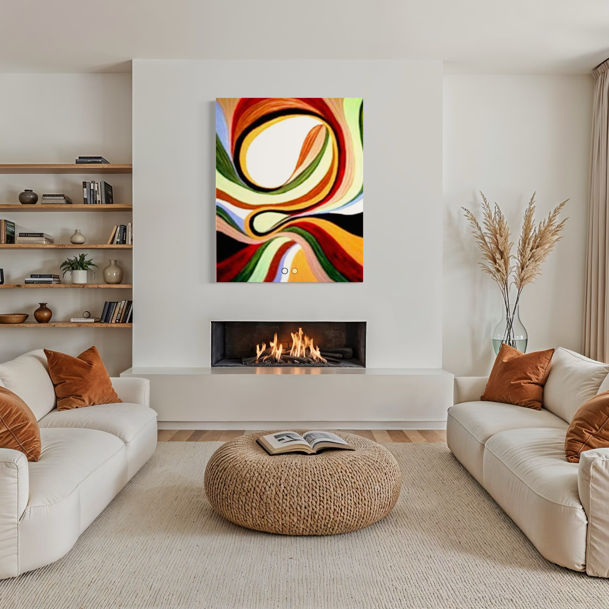 Modern living room with a colorful abstract painting above a fireplace.