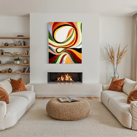 Modern living room with a colorful abstract painting above a fireplace.