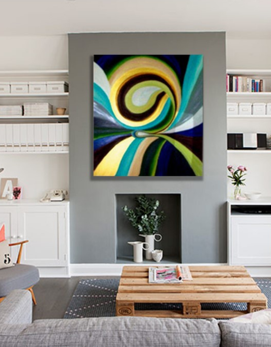 Abstract spiral artwork on a gray wall above a wooden coffee table in a living room.