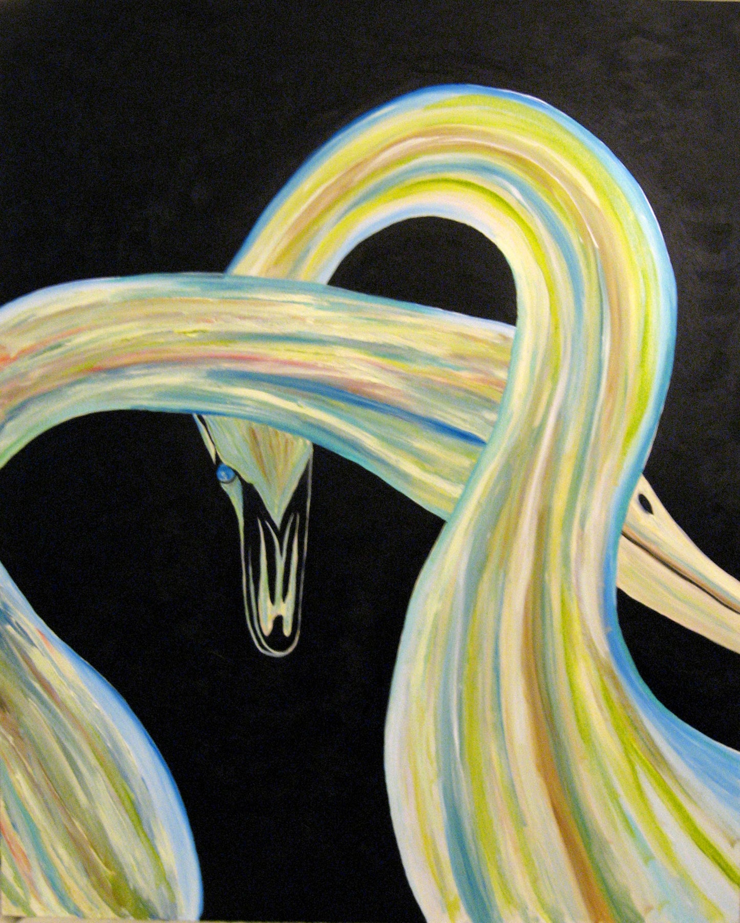 Colorful abstract painting of a swan on a black background