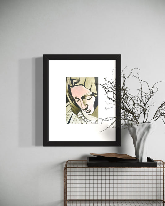Framed artwork of a stylized portrait on a wall with a decorative shelf below.