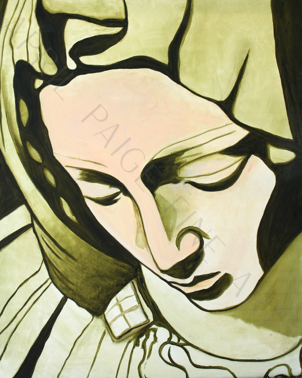Artistic depiction of a face with flowing hair and the name 'PAIG' on a light background