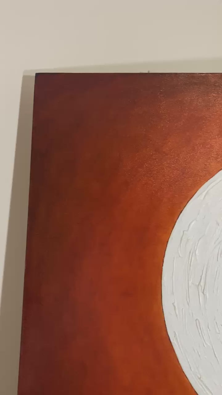 Detailed video of abstract painting of a person in a yellow dress against a red background.