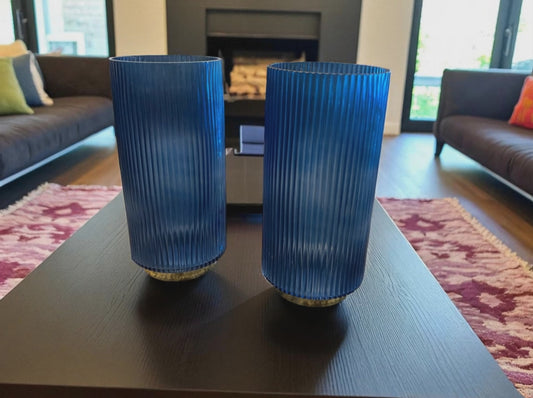 Smokey Blue Fluted Glass Vases Or Candle Holders